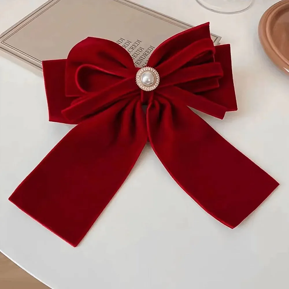 🎀 Red Velvet Pearl Accent Big Bow Hair Accessories Barrette Clip NEW